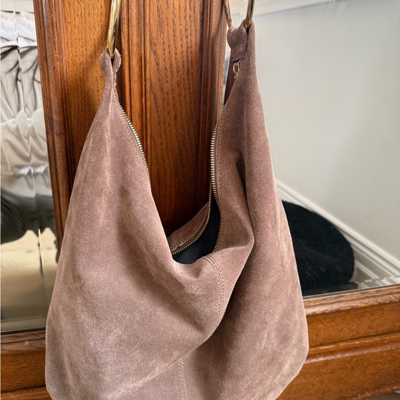 Brown leather Suede Shoulder Bag with Gold Accents - Picture 2 of 7